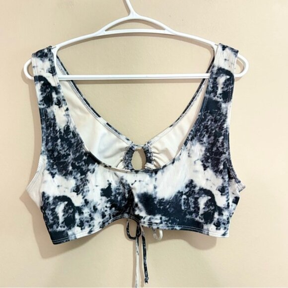SHEIN Black & White Tye Die Ribbed Bikini Top w Drawstring Cut Out - Picture 8 of 15
